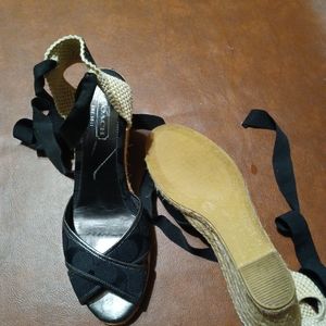 Coach Platfrom Wedges Ankle Lace Leg Tie Up Black Coach Print Canvas/Leather